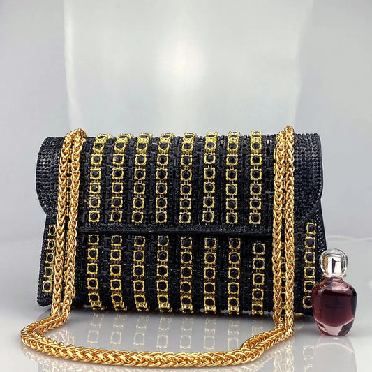 Brooch-adorned evening clutch with chain strap — Vessa Bags