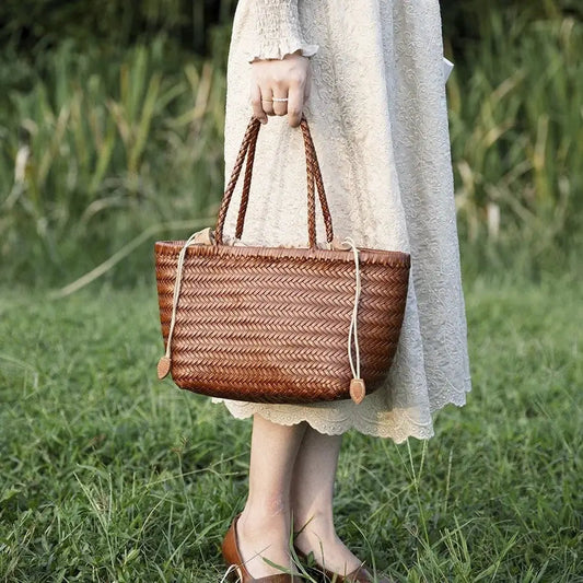 The Isla woven genuine leather tote in beige and brown — Vessa Bags